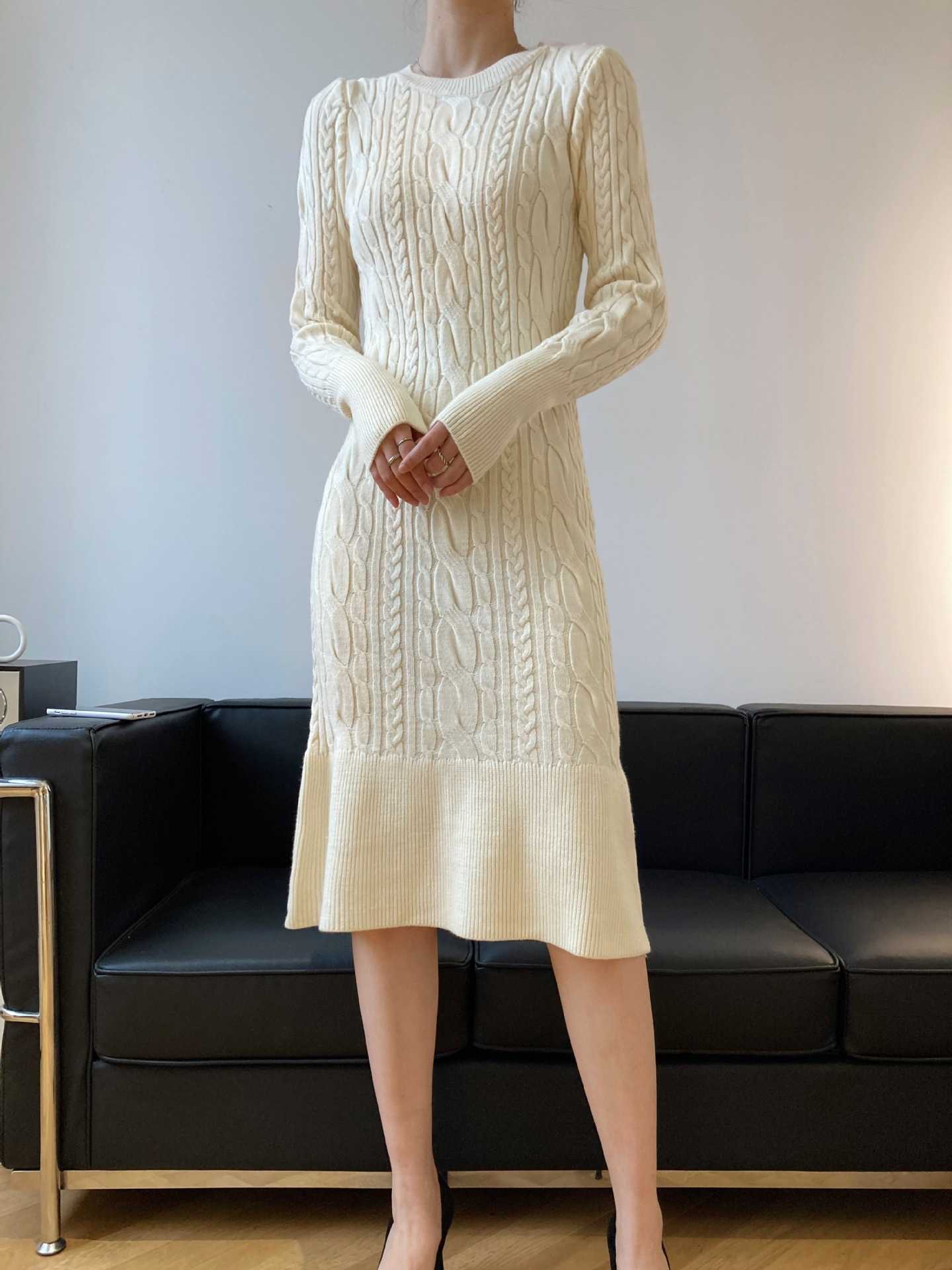 

Thick Hemp Knitted Fishtail Dress Women Autumn/winter Long Sleeve Slim Bag Hip Sweater 210607, Ivory white