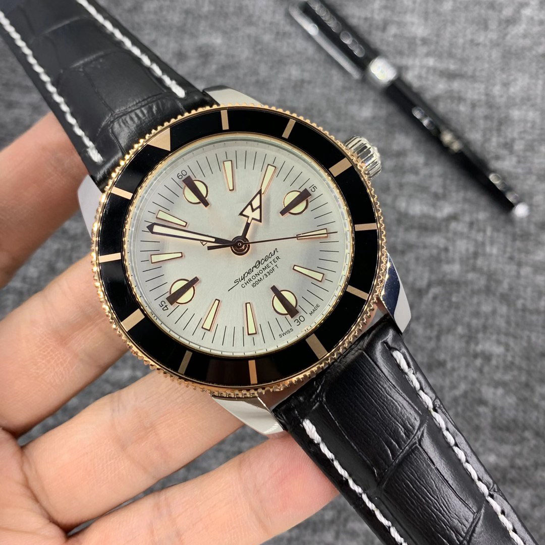 

N Quality Right Hand Silver Watches Two Tone Case SUPEROCEAN HERITAGE Automatic Mechanical Movement Watch Leather Strap Floding Clasp Mens Dress Wrist, No send watch for shipping