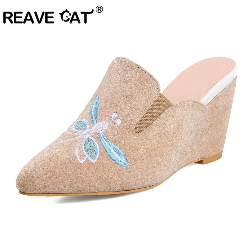 

Big Size 33-43 Flock Wedges Shoes Women Embroider Summer Pointed Toe Slip On High Heel Sapatos Mujer A1255 Sandals, Black