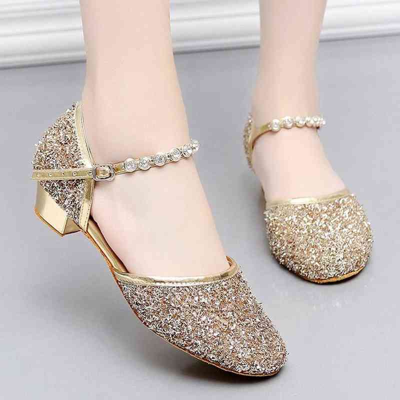 

Fashion Children Girl's Rhinestone Ballroom Latin Tango Dance Shoes Heeled Shoes For Girls Flower Casual Children Girls Shoes W220216, Glod