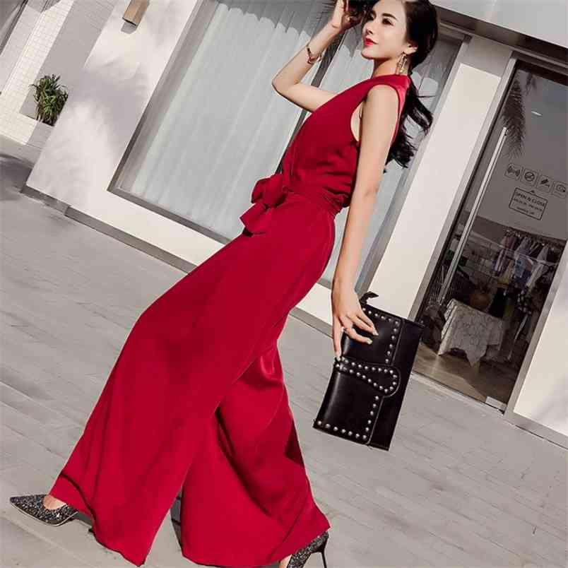 

Summer Elegant Ladies Sleeveless Solid Jumpsuits V-Neck High Waist Sashes Women Casual Slim Wide Leg Rompers Female 210519, Red