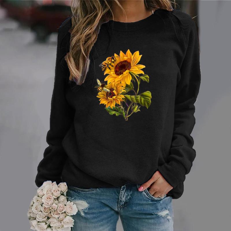 

Women's Hoodies & Sweatshirts Sunflower Print Sweatshirt Hoodie Women Long Sleeve Tops Vintage Clothes Female Spring Autumn Streetwear O-nec, Black