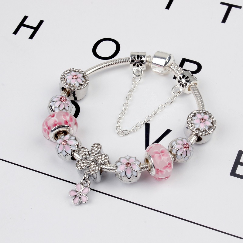 

925 Sterling Silver Pink Murano Glass Beads Charm Cherry Blossom Bracelet Snake Chain Fit Pandora European Bracelet Jewelry Making Bangle DIY Daisy Pendant Women