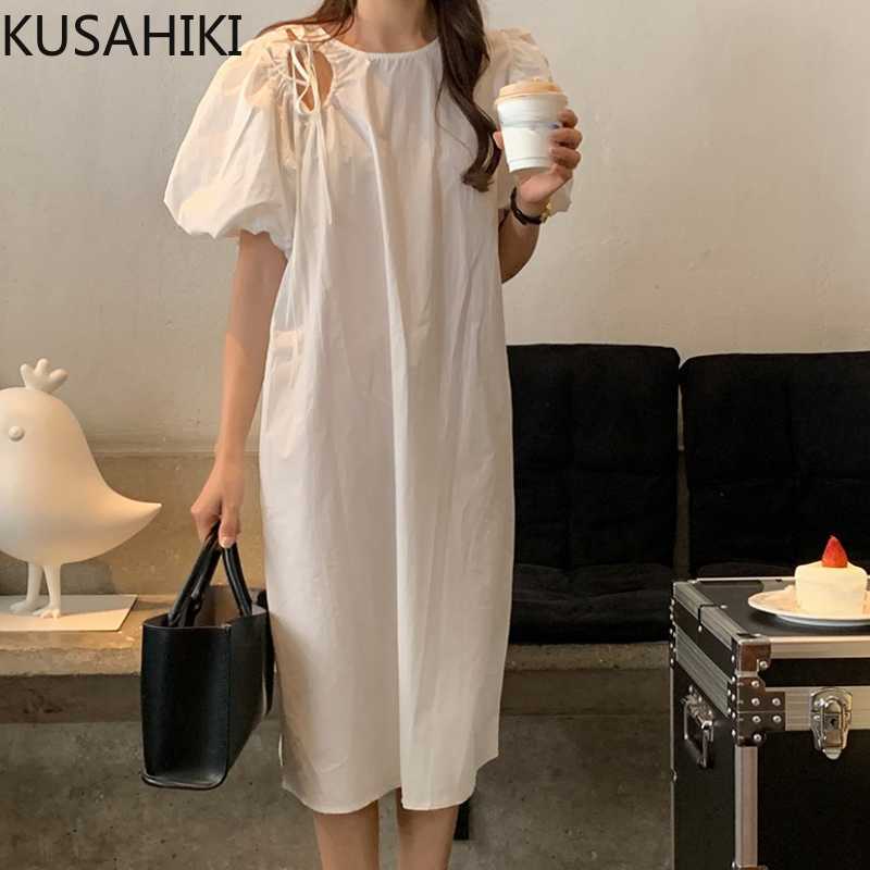 

KUSAHIKI Sweet Causal Bow Tie Hollow-out Dresses Puff Sleeve O-neck Women Dress Summer Solid Vestidos Feminimos 6J046 210602, White