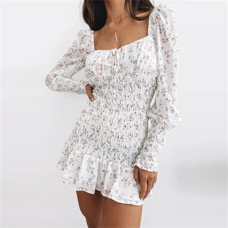 

Long sleeve A-line dress autumn winter party women backless mini short vestidos de fiesta square collar 210427, White