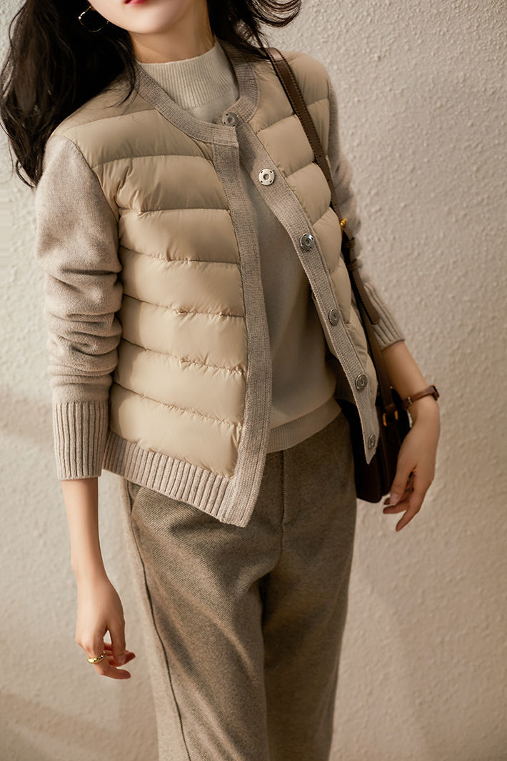 

2021 Women Autumn Winter Jaet Patchwork Knitted Cotton Padded Coat Parka Womens Jaets, Beige