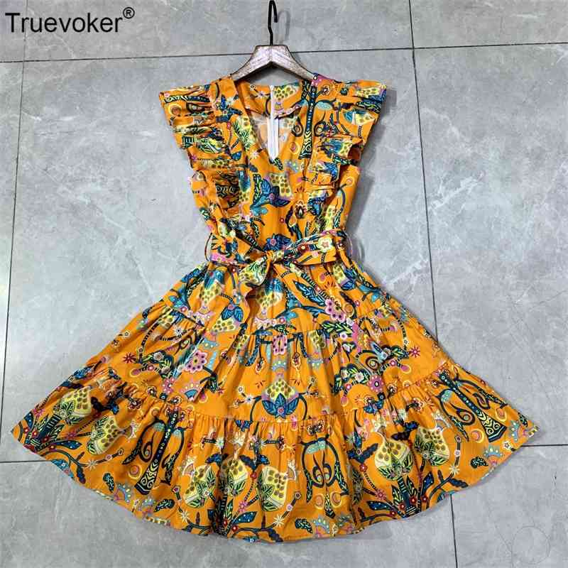 

Truevoker Summer Runway Fashion 100% Cotton Holiday Dresse's Sleeveless Colorful Flower Print Tied Waist Boutique Vestido 210602, Orange