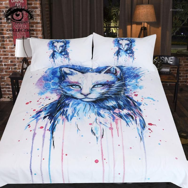 

Bedding Sets Space By Pixie Cold Art Set Watercolor Duvet Cover With Pillowcases Animal Cat Eye Bed 3-Piece Blue Bedclothes
