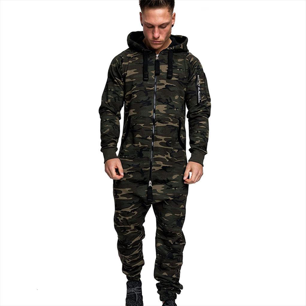

jumpsuit one piece sets mens tracksuits hooded fleece male camouflage print personality casual suits man, Gray