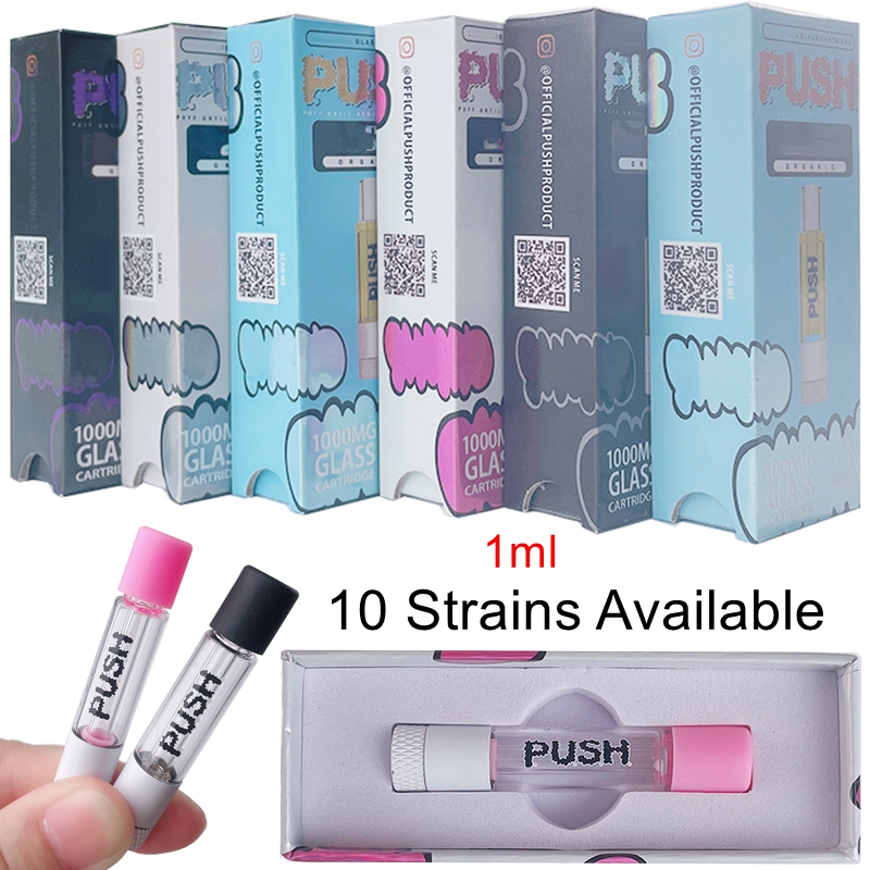 

10 Strains Push Atomizers Glass Cartridges Packaging Empty Vape Pen Carts 510 Thread 1ml Thick Oil Wax Vaporizer E Cigarettes 3 Colors