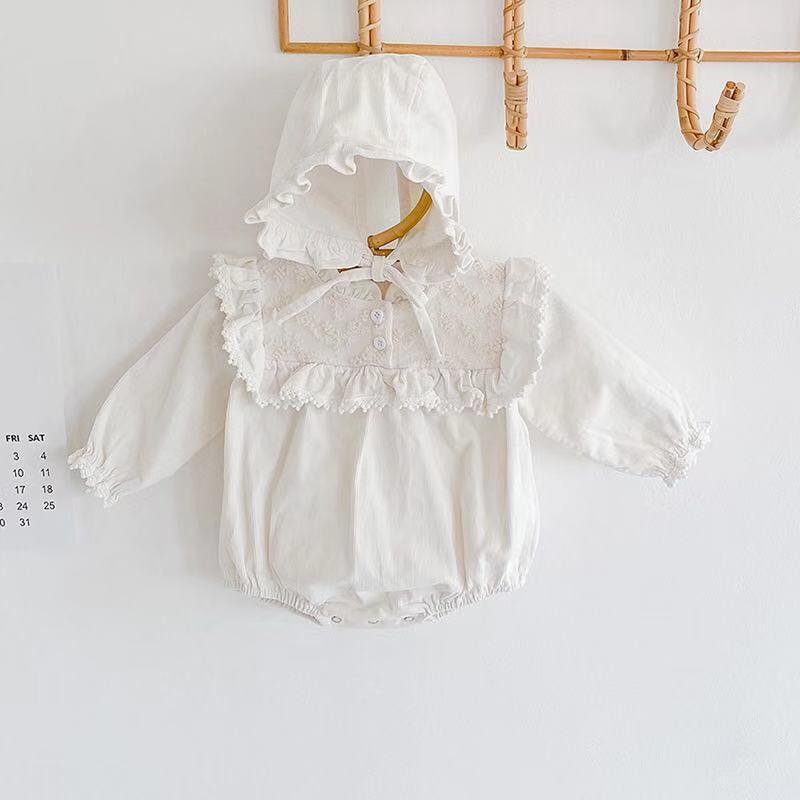 

Jumpsuits Princess Infant Baby Girls Lace Flowers Embroidery Romper Sweet Autumn Long Sleeve White Jumpsuit Romper+Hats, As pic