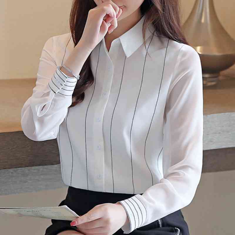 

Blouses Woman Fahsion Turn Down Collar Office Ladieas Tops Striped White Chiffon Blouse Women Long Sleeve Women Shirts B932 210602