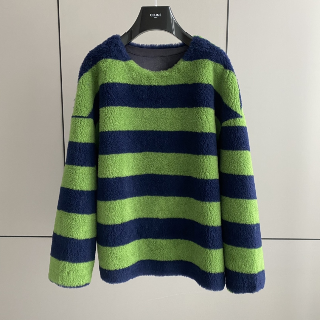 

Designer green striped Pullover fur top loose, Customize