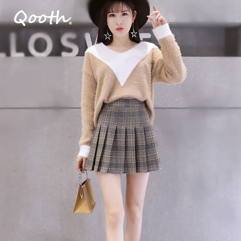 

Qooth Winter Autumn Empire Waist Mini Flare Skirt Women Preppy Style School Girl JK Uniform Plaid Skirts QT193-3 210518, Dark blue