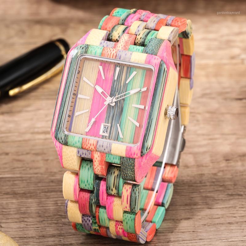 

Wristwatches Colorful Square Full Wood Watch Quartz Men Women Watches Minimalist Dial With Calendar Retro Wooden Gifts For Dad Grandpa, Wooden watch d