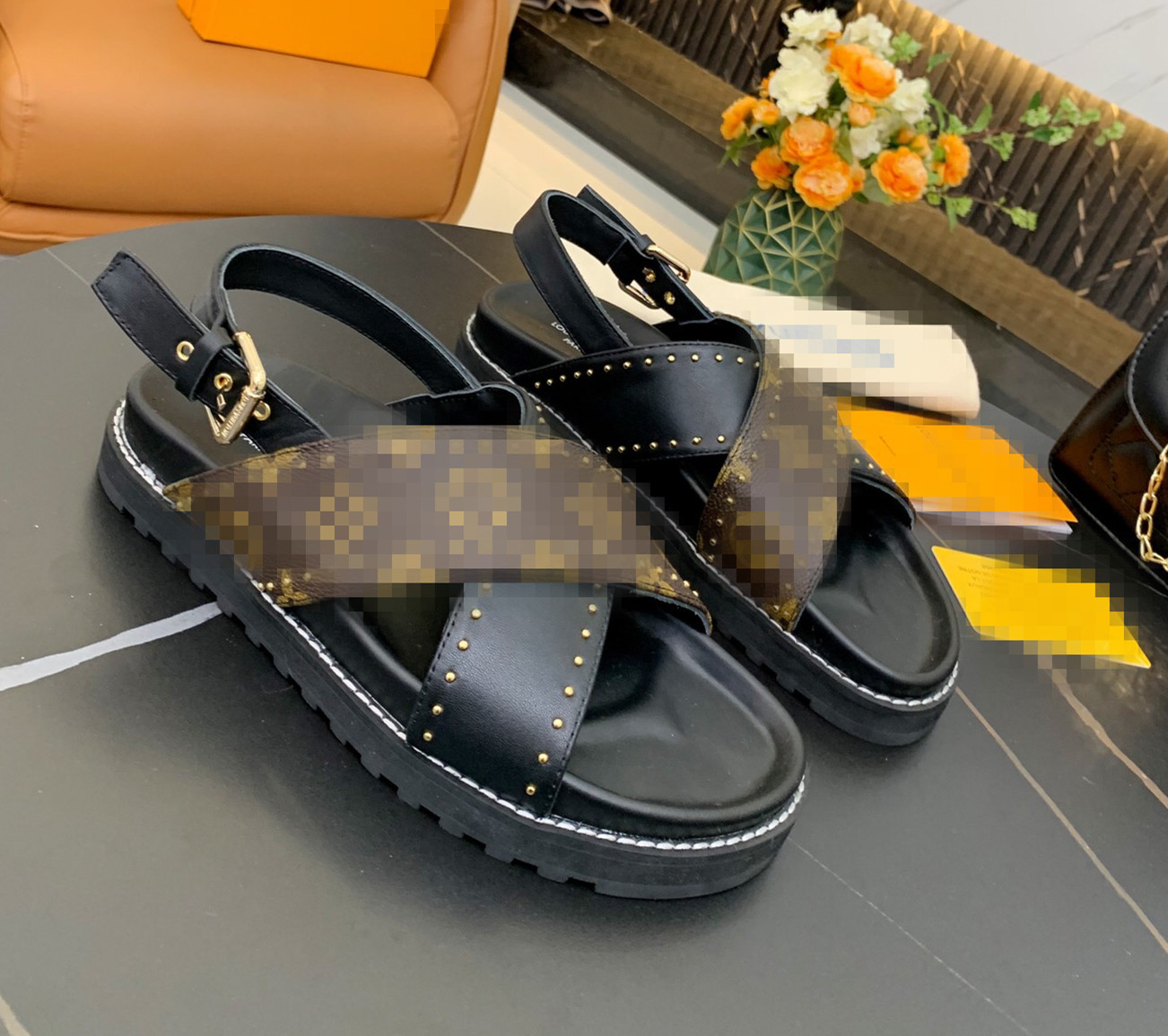 

2021 Fashion Women Sandal Luxury Designer Lady Printing Leather Letter High quality Sandals 3 style Model, Black