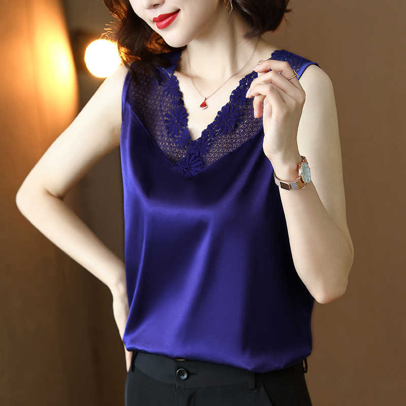 

Korean Silk Women Tops Woman Satin Tank Lace Embroidery Elastic Camis Sleeveless Halter Plus Size 210604, Champagne