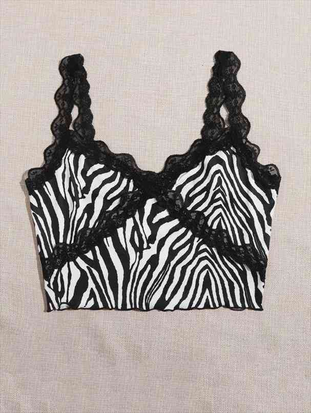 

Womens Fashion Zebra Pattern Camisole Sexy Lace Trim V-neck Exposed Navel Suspender Tank Tops Streetwear For Summer, White