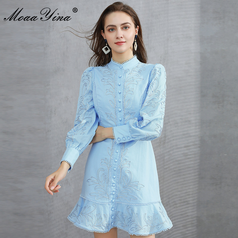 

Fashion Designer dress Spring Women's Dress Stand collar Long sleeve Single-breasted Embroidery Cotton linen Dresses 210524, White