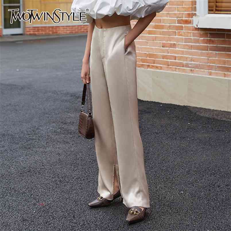 

Casual Loose Women Full Length Pants High Waist Side Split Long Wide Leg Pant For Female Fashion Clothes 210521, Apricot