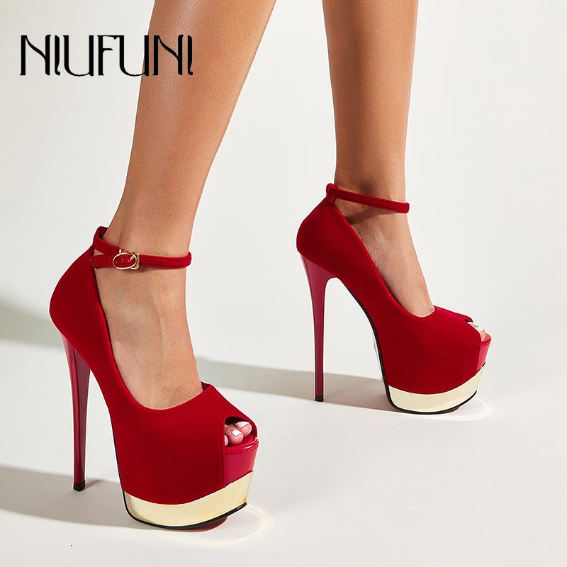 

Super-fine High-heeled Women's Single Shoes Peep Toes Suede Metal Decoration Word With Buckle Waterproof Platform Dress, Black