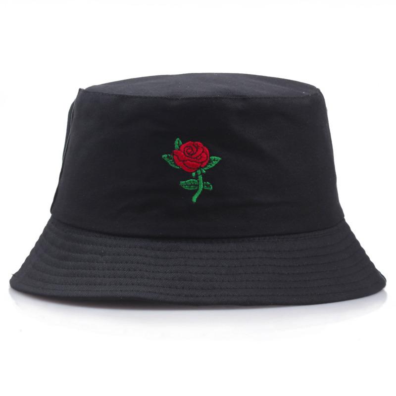 

Wide Brim Hats Summer 4-color Embroidered Rose Bucket Hat For Men And Women 's Sunshade Flat Top Panama Fisherman Caps Romantic Harajuku, White