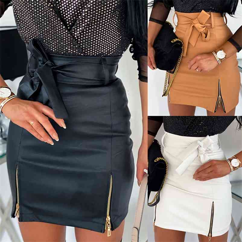 Sexy Women Black PU Leather Pencil Bodycon Skirt Clubwear Double Zipper High Waist Mini Short Skirt Belt Black White Khaki Skirt 210412Z