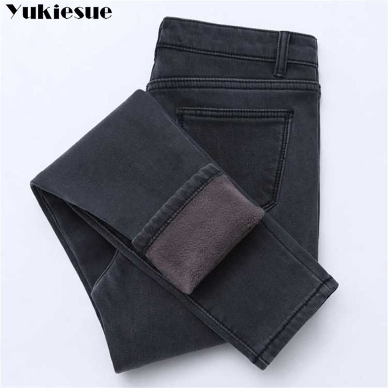 

Winter Jeans Women Gold Fleeces Inside Thickening Denim Pants High Waist Warm Trousers Female jeans woman Plus size 210708, Black gray velvet