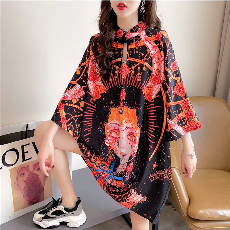 

QNPQYX Summer Overszied T Shirt Cartoon Print Gothic Chinese Style Shirts Pullover Half Sleeve Straight Loose T Shirts for Women, Red