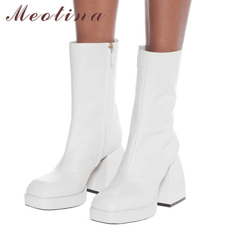 

Meotina Woman Boots Square Toe Mid Calf Boots Zipper Super High Heel Boots Platform Thick Heels Ladies Shoes Autumn White 43 210608, Black
