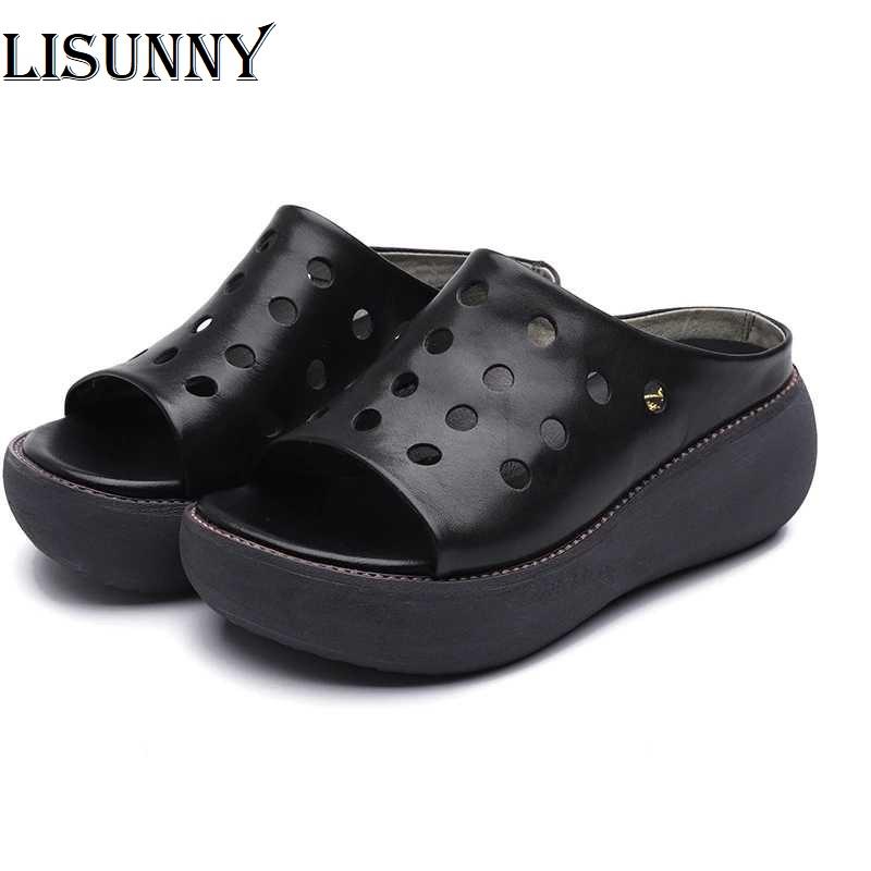 

Slippers Women's 2021 Slipper Female Platform Genuine Leather Retro Casual Summer Sandals Women High Heel Flip Flop, Black
