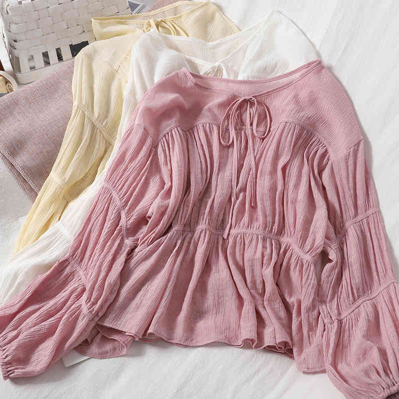 

Women's Blouses & Shirts Women Sweet O-neck Loose Waist Slim Chiffon Shirt Female Drawstring Bowknot Pleated Short Top Long Sleeve, Pink