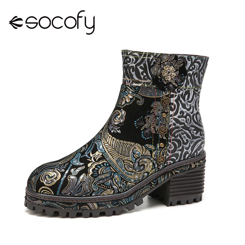 

Boots SOCOFY Vintage Floral Printed Genuine Leather Women's Shoes Wearable 4CM Chunky Heel Short Zipper Women Botas Mujer 2021, Black