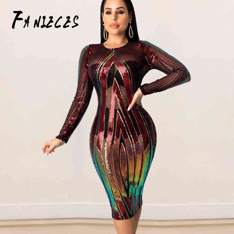 

Women Fall Winter ins fashion Long Sleeve O Neck Bodycon Sequined Sexy Night Club Party Bandage Midi Dresses Vestidos dropship 210520, Black