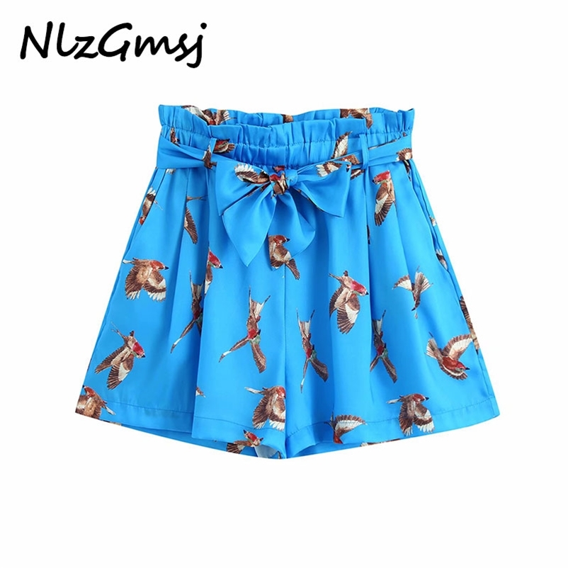 

Women Fashion With Belt Printed Paperbag Shorts Vintage High Elastic Waist Side Pockets Female Short Pants Mujer 210628, Blue