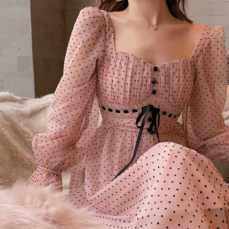 

French Vintage Midi Dres Puffer Sleeve Square Collor Office Elegant Dress Female Spring Dot Dress Korean 210707, Light pink