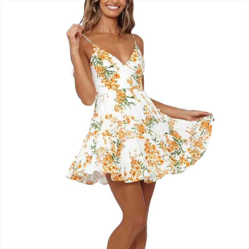 

ladies boho floral print mini dress sling backless ruffle summer sundress women spaghetti straps casual holiday clothes, Black;gray