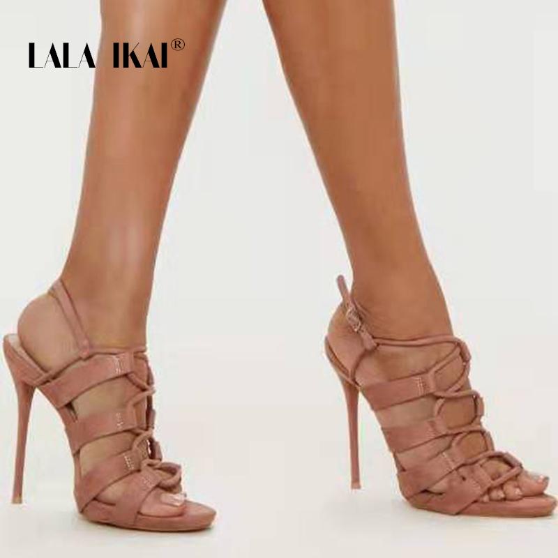 

Sandals LALA IKAI Summer Women Fashion Sexy Cross Strap Hollow Buckle Female PU Leather Roman Super High Heel XWC6793-4, Black