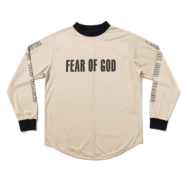 

High street autumn fog season 5 Fear of God black and white mesh small high collar letter long sleeve T-shirt, Beige