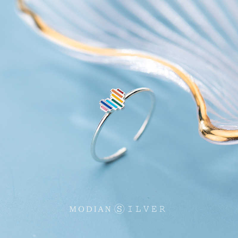 

925 Sterling Silver Cute Multi-Color Rainbow Heart Finger Rings For Women Fashion Free Size Ring Fine Jewelry 210707