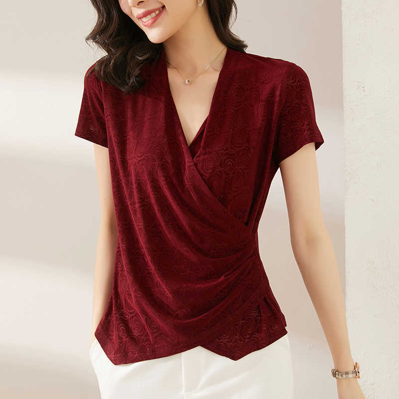 

Korean Women's Shirt Knitted Chiffon Blouses for Women Short Sleeve Female Top Red V-neck Blouse Woman OL 210604, Burgundy