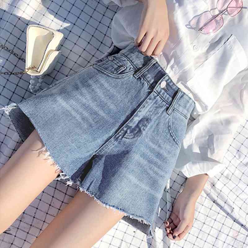 

Plus Size Summer Denim Shorts Women Korean Style Hollow Out Tassel Short Jeans Vintage High Waist Button Fly Jean 210603, Black