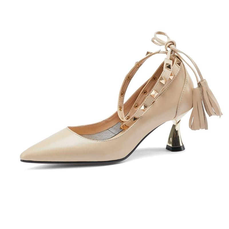 

Plus Size Genuine Leather Pointed Toe High Heels Rivet Cross-tied Beauty Lady Evening Party Women Pumps L0f3 Dress Shoes, Black