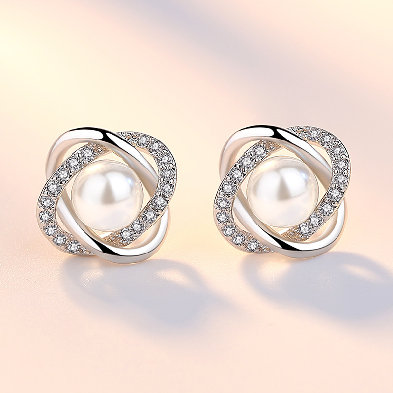 

925 Sterling Silver New Woman Fashion Jewelry High Quality Crystal Zircon Pearl Flower Retro Hot Selling Earrings 772 Z2, Golden;silver