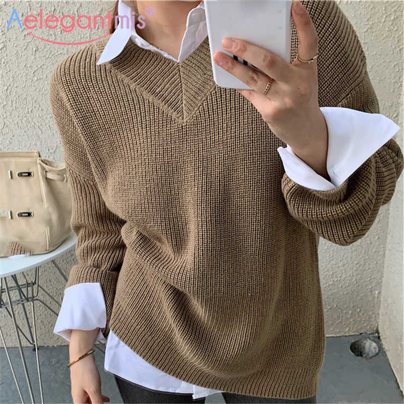 

Aelegantmis Khaki Vintage Women Solid V Neck Ribbed Sweater Pullover Soft Warm All Match Korean Female Knit High Quality 210607
