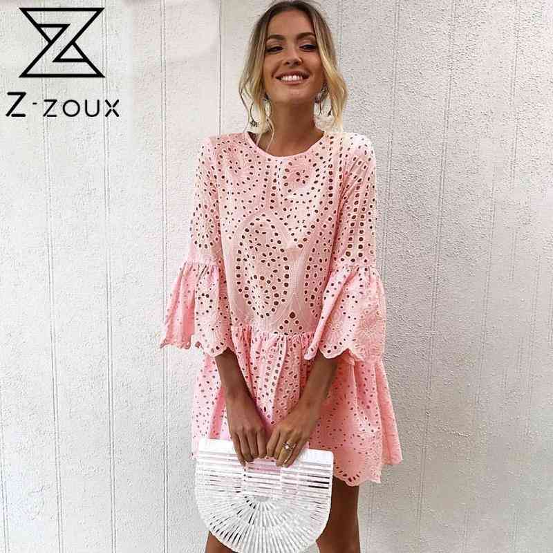 

Women Dress White Lace es Flare Sleeve Ruffle Hollow Out Sexy Solid Plus Size Bohemian es Pink Blue 210524