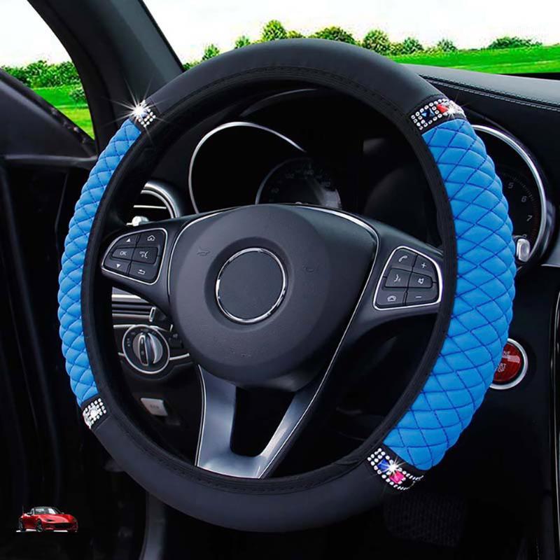 

Steering Wheel Covers Interior Cover Leather 1 Pcs Black + Blue Diamond Elastic