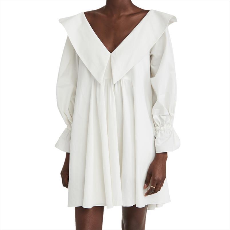

deep v neck loose women dresses mini casual lantern sleeve high waist sweet fashion exaggerated design, Black;gray