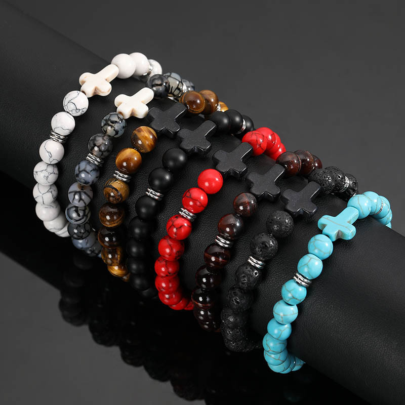 

Handmade Jewelry Wholesale Beaded Bracelet Frosted Black Beads Tiger Eye Bracelet Cross Turquoise Volcanic Loose Beads Bracelet Jewelry
