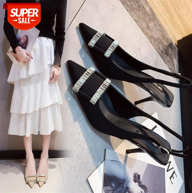 

women's sandals stiletto heel pointed rhinestone square buckle suede sexy Korean #V76X, Black